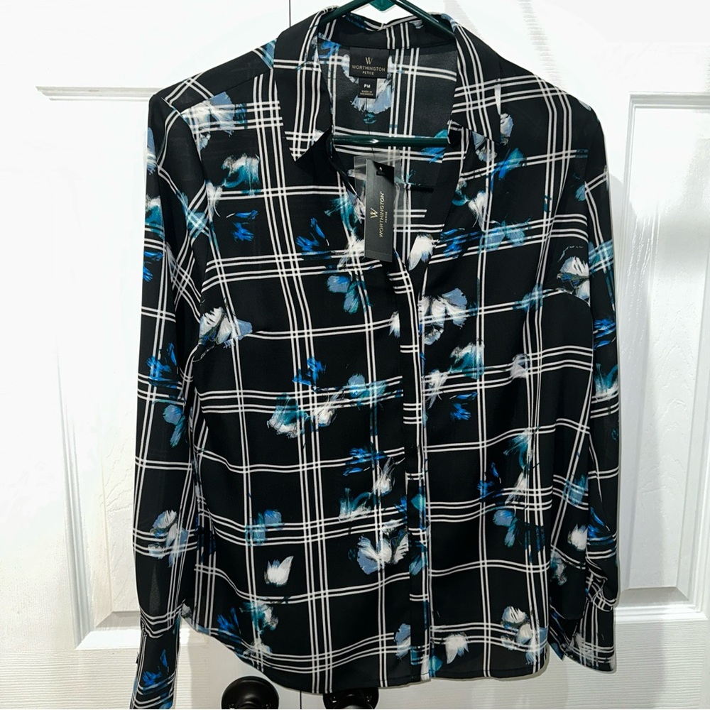 Worthington Women M Petite Button Long Sleeve Classy Floral Blouse